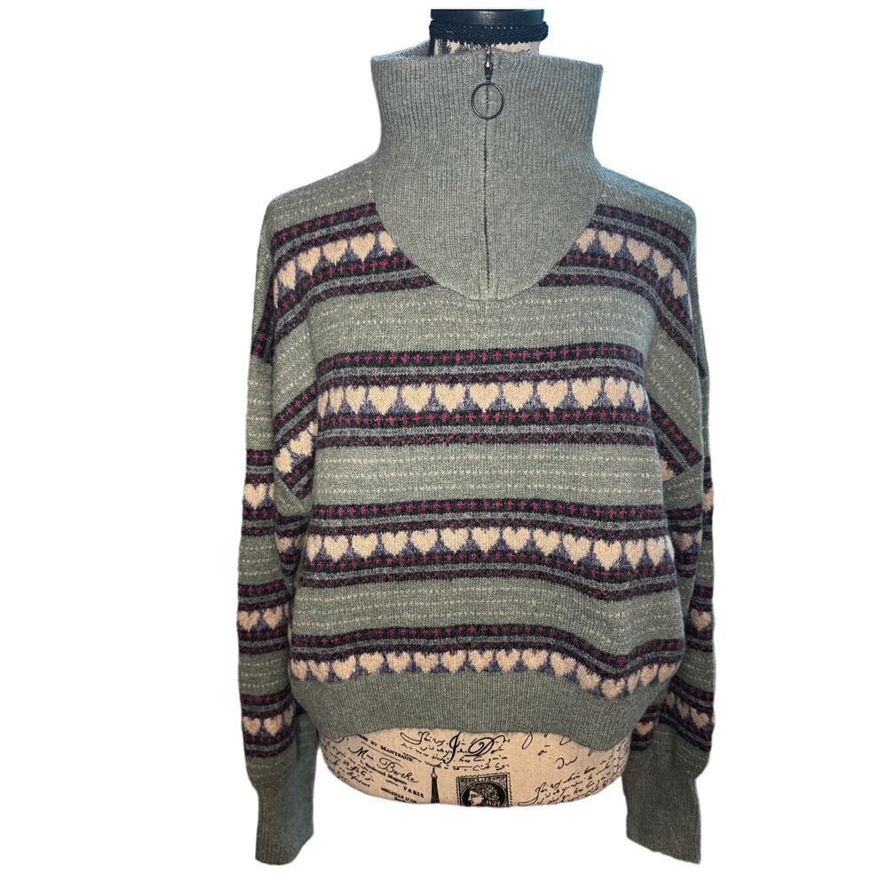Nordstrom BP Green Shore Hearts Women's Zip Turtleneck Sweater Small S NWT